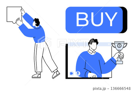 E-commerce, digital marketing, online shopping, web interface, customer success, award recognition. A BUY button and a person holding a trophy. E-commerce and digital marketing concept E-commerce, digital marketing, online shopping, web interface, customer success, award recognition. A BUY button and a person holding a trophy. E-commerce and digital marketing concept 136666548