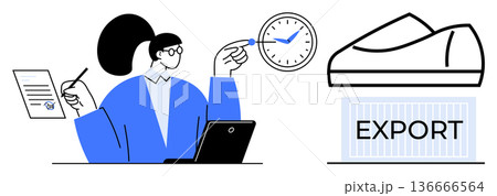 International trade, export management, logistics, productivity, time management, business operations. Woman with laptop reviewing papers, clock shows time export box nearby. Export management International trade, export management, logistics, productivity, time management, business operations. Woman with laptop reviewing papers, clock shows time export box nearby. Export management 136666564