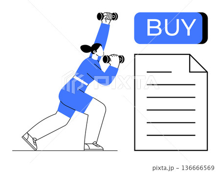 Fitness, e-commerce, online purchasing, health awareness, active lifestyle, digital shopping. Woman lifting dumbbells next to a buy button and document. Fitness and e-commerce in focus 136666569