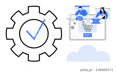 E-commerce, online shopping, cashback deals, discount offers, secure transactions, customer service. Gear with checkmark, shopping cart and cloud elements. E-commerce and online shopping E-commerce, online shopping, cashback deals, discount offers, secure transactions, customer service. Gear with checkmark, shopping cart and cloud elements. E-commerce and online shopping 136666571