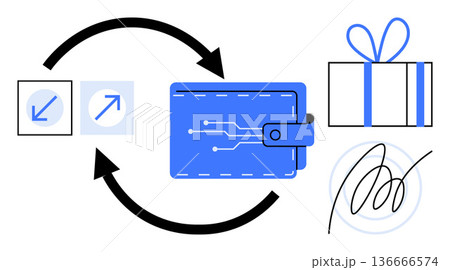 Financial technology, digital wallets, e-commerce, electronic payments, gift transactions, secure exchanges. a wallet, arrows gift box and signature. Digital wallets and financial technology Financial technology, digital wallets, e-commerce, electronic payments, gift transactions, secure exchanges. a wallet, arrows gift box and signature. Digital wallets and financial technology 136666574
