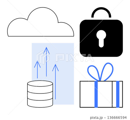 Data security, cloud storage, digital sharing, privacy protection, secure gift exchange, online backup. A cloud, lock database and gift symbol these concepts. Cloud storage and data security ideas 136666594