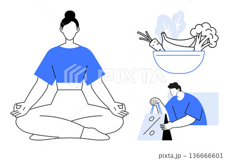 Meditation, healthy eating, self-care, wellness, mindfulness, lifestyle habits. Woman meditating, a bowl of vegetables man with groceries. Meditation and healthy eating focus on wellness 136666601