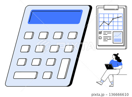 Financial planning, data analysis, education, business strategy, office work, digital learning. Features a calculator, a data chart on a clipboard and a person with a laptop. Financial planning 136666610