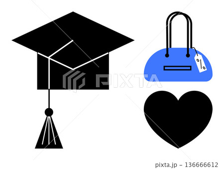 Education, shopping, love, lifestyle, achievement, academic success. Black graduation cap, blue handbag with tag and black heart icon. Education and shopping concepts illustrated visually Education, shopping, love, lifestyle, achievement, academic success. Black graduation cap, blue handbag with tag and black heart icon. Education and shopping concepts illustrated visually 136666612