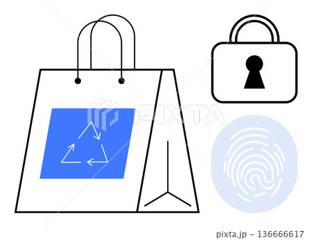 Sustainable shopping, e-commerce security, biometric authentication, environmental awareness, retail protection, modern trade. Shopping bag with recycling logo, lock icon, and fingerprint 136666617