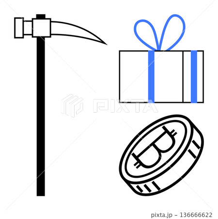 Cryptocurrency, blockchain technology, digital currency, e-commerce, mining tools, financial transactions. Bitcoin coin, mining pickaxe gift box. Cryptocurrency and blockchain technology concept 136666622