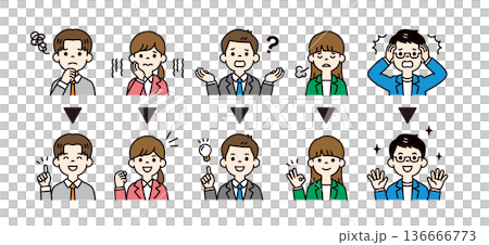 Facial expressions and poses of young men and women business people whose troubles improve. Icon illustration material set 136666773