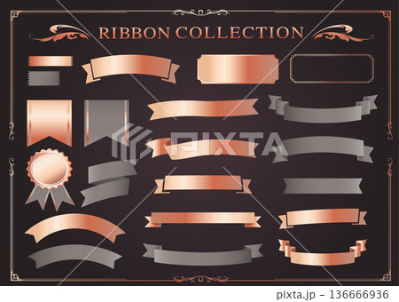 リボンの装飾デザインセットとアンティークな罫線やフレームデザイン 136666936