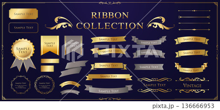 リボンの装飾デザインセットとアンティークな罫線やフレームデザイン 136666953
