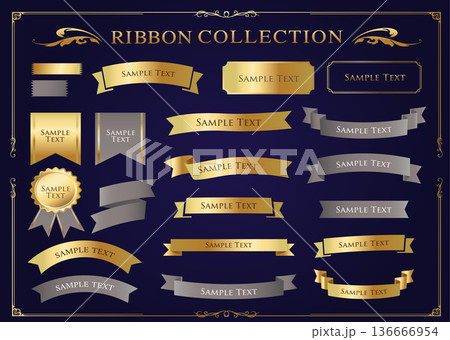 リボンの装飾デザインセットとアンティークな罫線やフレームデザイン 136666954