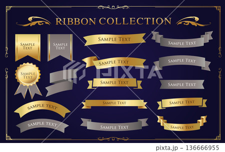リボンの装飾デザインセットとアンティークな罫線やフレームデザイン 136666955