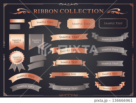 リボンの装飾デザインセットとアンティークな罫線やフレームデザイン 136666961