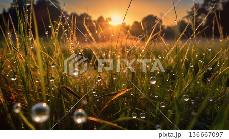 dew drops on morning grass at summer sunrise in the wild meadow, neural network generated photorealistic image dew drops on morning grass at summer sunrise in the wild meadow, neural network generated photorealistic image 136667097