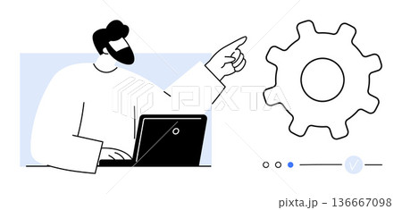 Technology, system updates, user interface, programming, digital tools, workflow optimization. Person using a laptop pointing at a gear icon. Technology and system updates concepts Technology, system updates, user interface, programming, digital tools, workflow optimization. Person using a laptop pointing at a gear icon. Technology and system updates concepts 136667098