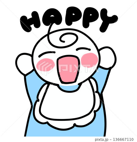 笑顔の赤ちゃんの手描きイラスト　水色　文字入り 136667110