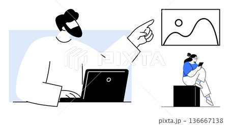 Remote work, online communication, digital collaboration, teamwork, technology engagement, workplace productivity. A person at a laptop points to a screen while another browses on a tablet. Remote 136667138
