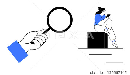 Data research, digital investigation, online search, modern technology, communication, user behavior. Hand holding a magnifying glass and woman using a smartphone. Data research and digital 136667145