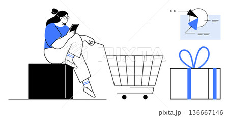 E-commerce, online shopping, consumer behavior, market analysis, digital transactions, gift purchasing. Woman using a tablet with a shopping cart, gift box and analytics chart. E-commerce and online E-commerce, online shopping, consumer behavior, market analysis, digital transactions, gift purchasing. Woman using a tablet with a shopping cart, gift box and analytics chart. E-commerce and online 136667146