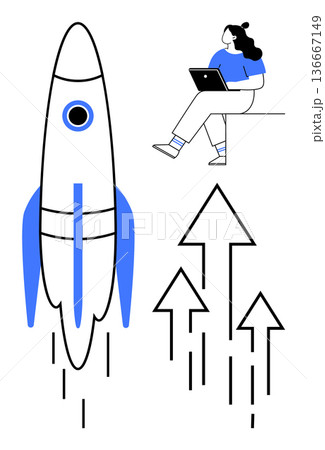 Business planning, startup growth, career development, innovation, technology, analytics. A rocket launching, upward arrows and a person working on a laptop. Business planning and startup growth Business planning, startup growth, career development, innovation, technology, analytics. A rocket launching, upward arrows and a person working on a laptop. Business planning and startup growth 136667149