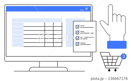 Online shopping, task tracking, e-commerce, project organization, product selection, user interaction. Computer screen with checklist and shopping cart icons. Online shopping and task tracking 136667176