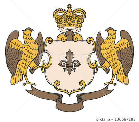 Medieval royalty emblem with golden birds and crown insignia 136667195
