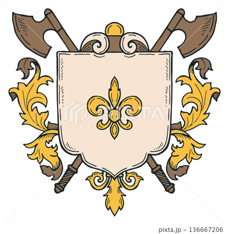 Crossed axes blazon template. Decorative heraldic shield Crossed axes blazon template. Decorative heraldic shield 136667206