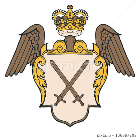Coat of arms with crossed swords. Royal emblem drawing 136667208