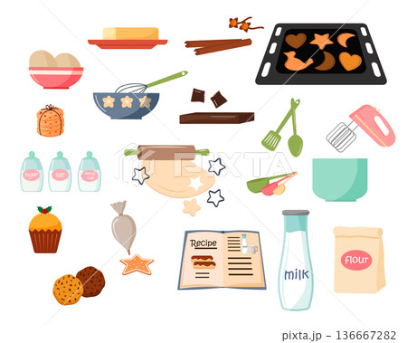 Baking ingredients and equipment for making cookies and pastries. Culinary concept for cooking at home and Christmas baking projects. 136667282