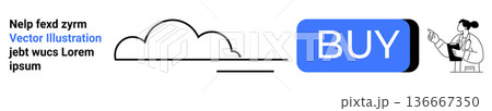 E-commerce, cloud computing, digital design, online services, health consultation, app development. Large buy button, cloud shape and doctor with clipboard. E-commerce and cloud computing concept E-commerce, cloud computing, digital design, online services, health consultation, app development. Large buy button, cloud shape and doctor with clipboard. E-commerce and cloud computing concept 136667350