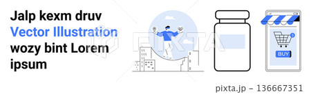 E-commerce, online shopping, digital marketing, wellness, retail products, consumer behavior. Person balancing on a graph, jar container and online storefront. E-commerce and digital marketing 136667351