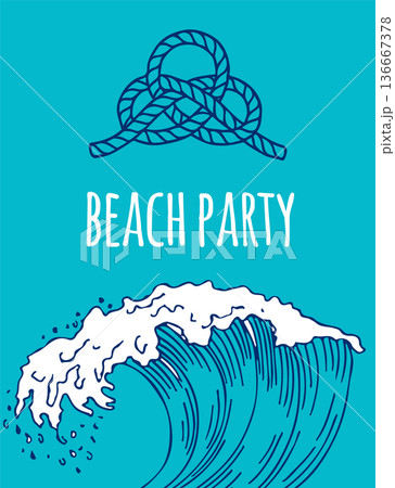 Beach party invitation with ocean wave and nautical knot 136667378