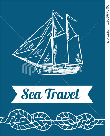 Sea travel banner template. Nautical ship drawing 136667386