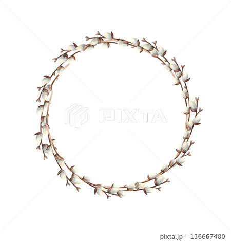 Spring willow branches wreath. Watercolor easter hand drawn illustration isolated on background, transparent png. Botanical and wedding clip art. For greeting card, wallpaper, wrapping paper design Spring willow branches wreath. Watercolor easter hand drawn illustration isolated on background, transparent png. Botanical and wedding clip art. For greeting card, wallpaper, wrapping paper design 136667480