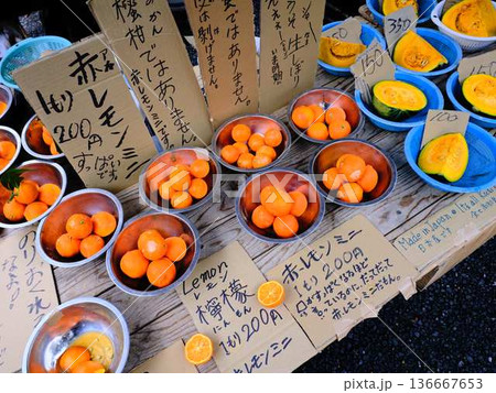 高知市の日曜市　ストリートマーケット　青空マーケット　野菜　果物 136667653