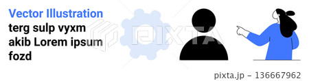 Collaboration, teamwork, technology, leadership, communication, problem-solving. Abstract gear shape, person silhouette and woman gesturing. Collaboration and teamwork concept 136667962