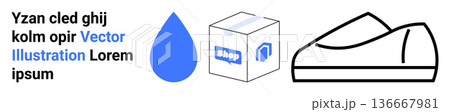 E-commerce, delivery services, digital shopping, water, fashion, sustainability. Blue water droplet, box labeled shop minimalist shoe outline. E-commerce and delivery services conceptual elements E-commerce, delivery services, digital shopping, water, fashion, sustainability. Blue water droplet, box labeled shop minimalist shoe outline. E-commerce and delivery services conceptual elements 136667981
