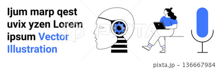 Artificial intelligence, remote work, digital learning, technology, productivity, voice recognition. Profile of a head with a mechanical gear, a person with a laptop and a microphone icon. AI 136667984