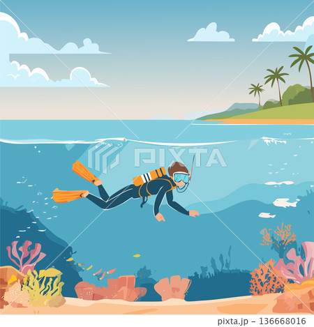 夏の海でダイビングをするベクターイラスト 136668016