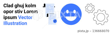 Workflow optimization, communication, task management, productivity tools, efficiency, business processes. A happy face, document stack with checkmark and gear icons. Workflow and communication Workflow optimization, communication, task management, productivity tools, efficiency, business processes. A happy face, document stack with checkmark and gear icons. Workflow and communication 136668070