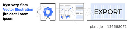 Business analytics, logistics management, data optimization, export processes, integration, software development. Gear in puzzle piece, charts export label. Business analytics and logistics Business analytics, logistics management, data optimization, export processes, integration, software development. Gear in puzzle piece, charts export label. Business analytics and logistics 136668071