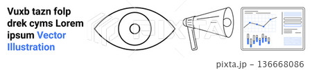 Marketing, analytics, communication, data visualization, advertising, digital strategy. Eye icon, megaphone and dashboard with graphs. Marketing and analytics conceptual design Marketing, analytics, communication, data visualization, advertising, digital strategy. Eye icon, megaphone and dashboard with graphs. Marketing and analytics conceptual design 136668086