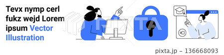 Data security, online communication, privacy protection, technology guidance, email security, remote work. Person pointing at a screen and a lock icon. Data security and online communication concepts Data security, online communication, privacy protection, technology guidance, email security, remote work. Person pointing at a screen and a lock icon. Data security and online communication concepts 136668093