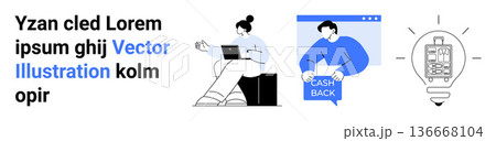 E-commerce, cashback, digital marketing, innovation, online shopping, remote work. A person on a laptop, cashback offer and a lightbulb with a device. E-commerce and cashback E-commerce, cashback, digital marketing, innovation, online shopping, remote work. A person on a laptop, cashback offer and a lightbulb with a device. E-commerce and cashback 136668104