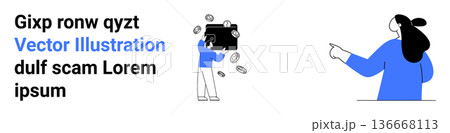Finance, online security, fraud prevention, online scams, money protection, digital payments. Person holding wallet and coins, another pointing. Finance and fraud prevention Finance, online security, fraud prevention, online scams, money protection, digital payments. Person holding wallet and coins, another pointing. Finance and fraud prevention 136668113
