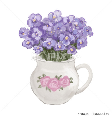 Vintage watercolour porcelain jug with purple spring flowers violets, hand drawn illustration 136668139