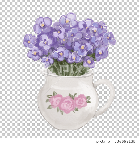 Vintage watercolour porcelain jug with purple spring flowers violets, hand drawn illustration 136668139