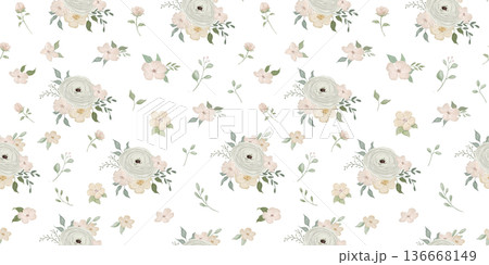 Beautiful seamless pattern, repeating romantic aquarelle motif with hand painted watercolour flowers with leaves 136668149