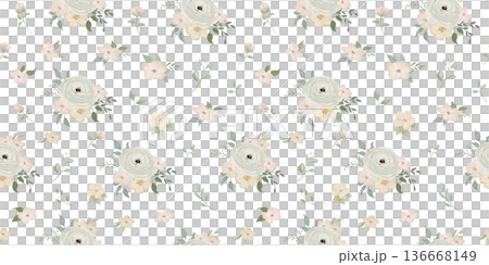 Beautiful seamless pattern, repeating romantic aquarelle motif with hand painted watercolour flowers with leaves 136668149