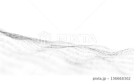 Abstract monochrome particle waves flowing in soft motion, minimal black and white digital dispersion forming smooth dynamic landscape, futuristic clean background with subtle depth and elegant energy 136668302